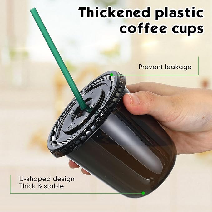 Baderke 25 Set Plastic Cups with Lids and Straws, Disposable Plastic Iced Coffee Cup for Cold Beverage Juice Smoothie Crystal for Coffee Shops Party Catering (Black,12 oz)