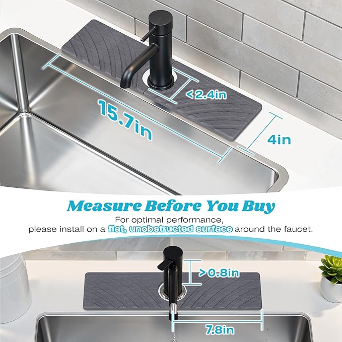 Stone Faucet Mat for Kitchen Sink - Fast Drying Diatomite Stone Drying Mat, Textured Drainage Sink Protector, Water Splash Guard with Base Pads for Bathroom Counter (15.7x4 in, Dark Gray)