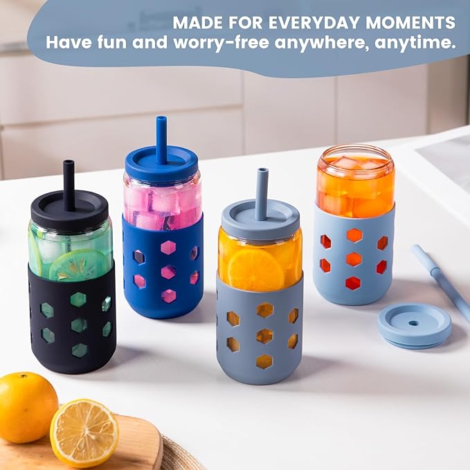 Mrsdry Glass Cups with Lids and Straws (4 Pack), 16oz Drinking Glasses Set with Silicone Sleeves for Coffee Bar Accessories Iced Coffee Cups with Lids, Glass Tumbler Reusable for Gifts