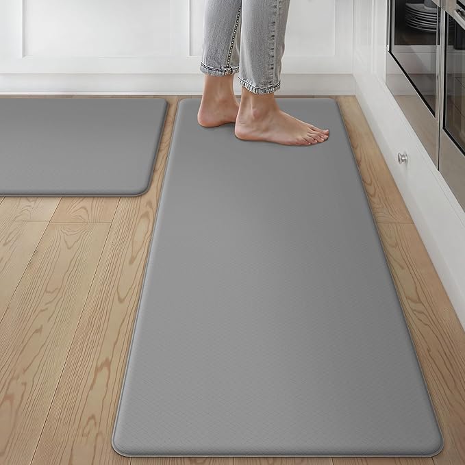 GENIMO Kitchen Mats for Floor 2PCs, Washable Anti Fatigue Mat for Cushioned, 17.3"x47"+17.3"x30", Waterproof Kitchen Rugs, Non Slip Comfort Standing Mat Rug for Home, Sink, Laundry, Neutral Gray