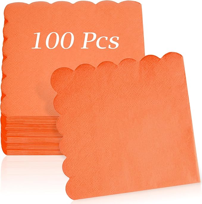 100 Pcs Cocktail Napkins, 2-Ply 5 x 5 Inches Disposable Scalloped Napkins, Thick Premium Dessert Napkins for Party, Wedding, Dinner, Birthday, Anniversary, Festival (Orange)