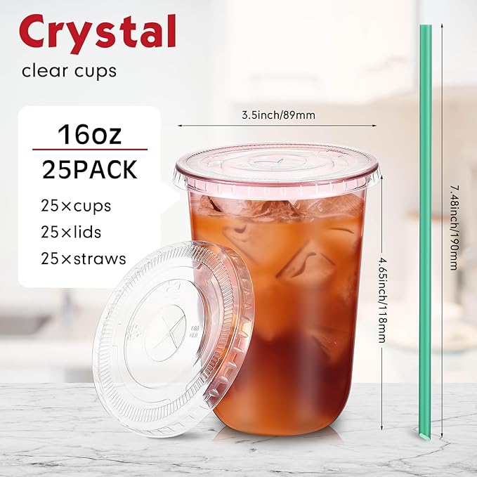 Baderke 25 Set Plastic Cups with Lids and Straws, Disposable Plastic Iced Coffee Cup for Cold Beverage Juice Smoothie Crystal for Coffee Shops Party Catering(Pink,16 oz)