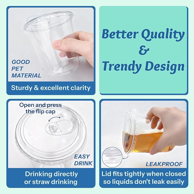 25 Pack 12 oz BPA-Free Clear Plastic Coffee Cups with Strawless Sip Lids - Leak-Proof Disposable To-Go Cups for Iced Coffee, Kids, Smoothies & Juice, Ideal for Daily Use & Small Gatherings