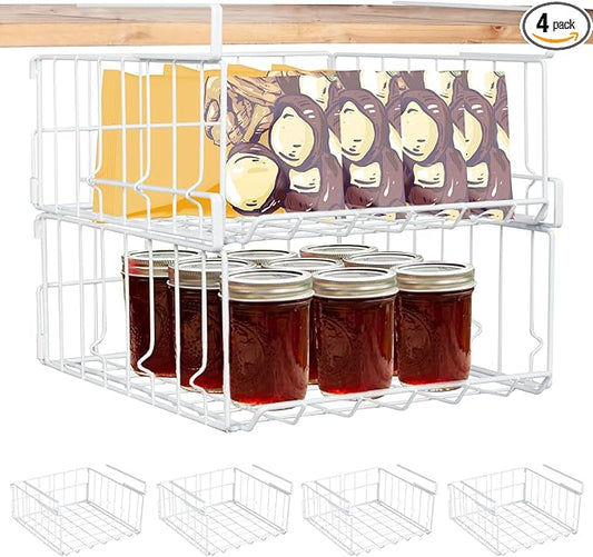 Hanging Under Shelf Storage Basket, 4 Pack Foldable Under Cabinet Metal Desk Storage Wire Rack Organizer for Kitchen Pantry Bookshelf Office Home, Easy to Install Slide-in Under Shelves (White)