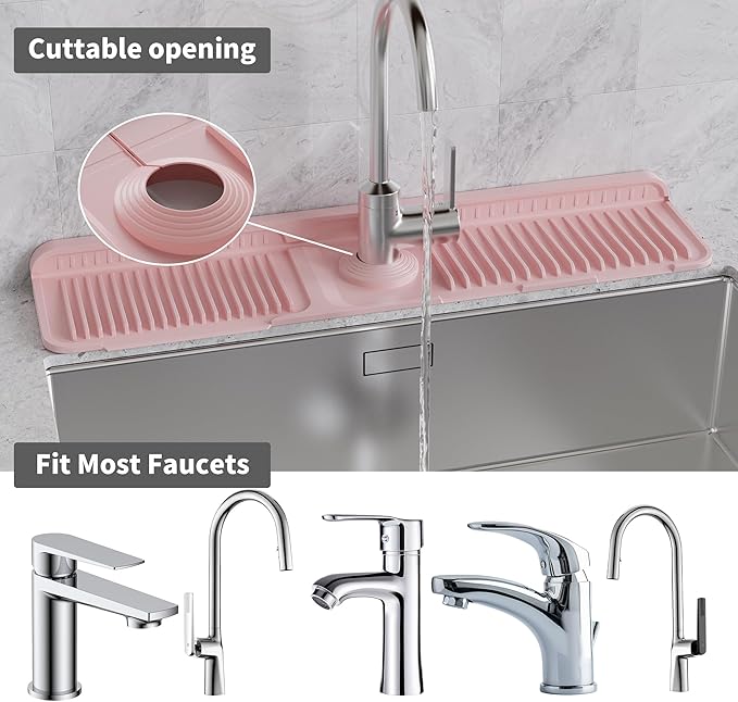 WAFT YEARN 24X5 Inch Silicone Durable Faucet Mat Kitchen Sink Splash Guard Draining Protector Tray Liner Absorbent Protective Counter Accessories For Sink Kitchen Bathroom Laundry Room Bar & RV Pink