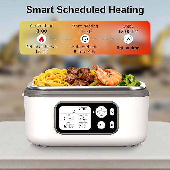 Cordless Electric Heated Lunch Box, XL 6.3Cups Rechargeable Food Warmer Lunch Box with Self Heating, Smart Timer, Adjustable Temperature, Leakproof, BPA Free, Removable Divider White