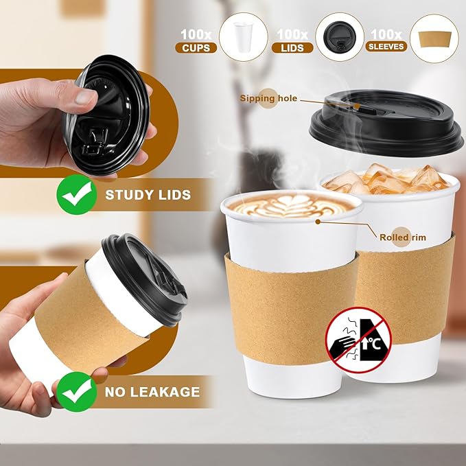 Lamosi 50 Pack 10 oz Disposable Coffee Cups with Lids and Sleeves, Leak-Proof To Go Paper Coffee Cups with Lids, Hot/Cold Beverage White Drinking Cup for Home, Office, Parties, Travel