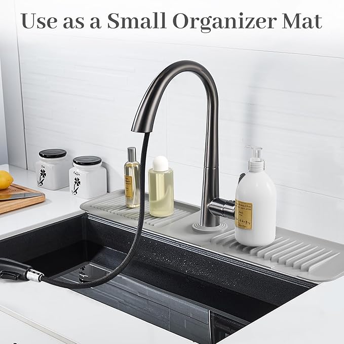 PoYang 24 Inch Faucet Mat for Kitchen Sink Splash Guard Behind Faucet, Sink Protectors for Kitchen Sink Faucet Mat Splash Guard for Kitchen Sink Area, Longer Faucet Guard & Draining Mat, Light Grey