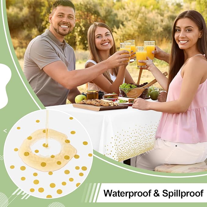 misaya 4 Packs Dot Disposable Table Cloth, 54 x 108 Inch Waterproof Plastic Tablecloth, Rectangle Gold Dots in White Table Covers for Picnic, Birthday, Party