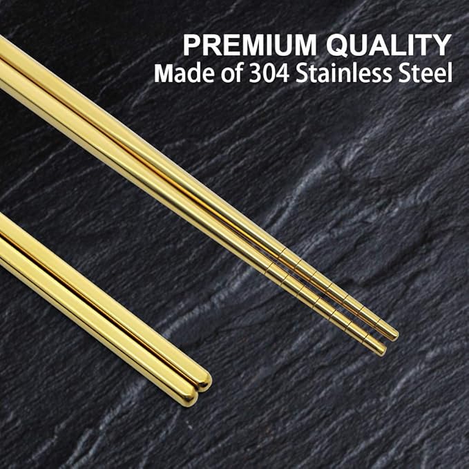 Stainless Steel Chopsticks Reusable Multicolor Lightweight 304 Metal Chopsticks Dishwasher Safe - 5 Pairs (Gold)