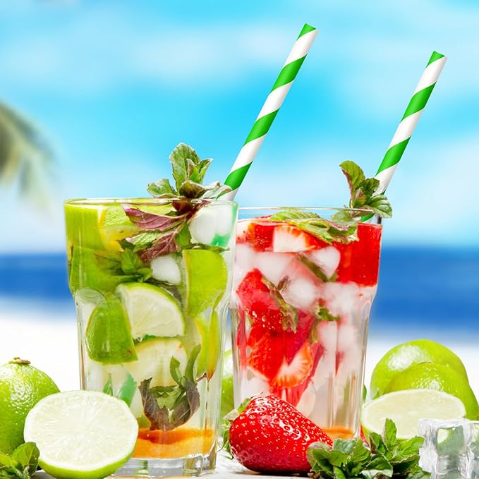 100 Packs Green Biodegradable Striped Paper Straws, Disposable Drinking Straws for Birthday Carnival Summer Pool Party Wedding Baby Shower Halloween Christmas Party Decoration Supplies