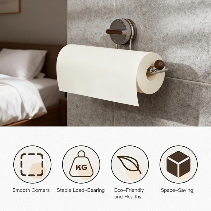 Removable Suction Cup Paper Towel Holder, Suction Towel Holder, Wooden Paper and Stainless Steel Paper Towel Holder for Under Cabinet, Bathroom (2-Pack: 1 Natural Wood Color, 1 Walnut Color)