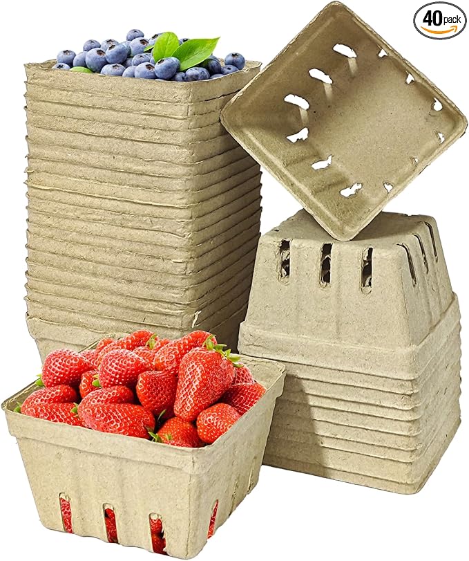 40 Pack Natural Pulp Fiber Berry Basket, Molded Produce Vented Basket Kitchen Supplies for Strawberry Blueberry Raspberry, Fruit Tray for Fruit Vegetable Farmer Market Grocery (40 Pack)