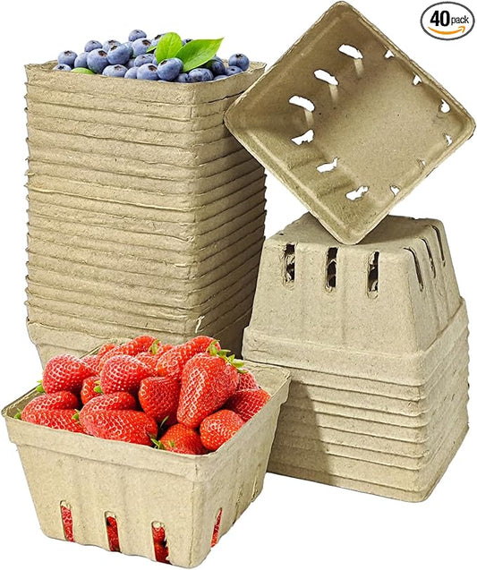 40 Pack Natural Pulp Fiber Berry Basket, Molded Produce Vented Basket Kitchen Supplies for Strawberry Blueberry Raspberry, Fruit Tray for Fruit Vegetable Farmer Market Grocery (40 Pack)