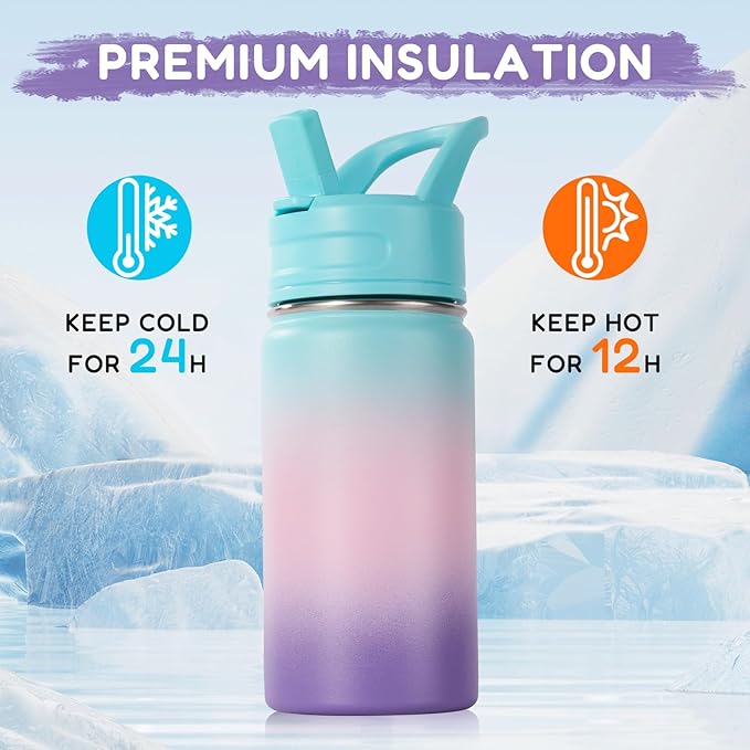 Fijinhom 12oz Kids Water Bottle for School, Toddler Water Bottles with Straws, Insulated Water Bottles for Boys&Girls, Stainless Steel Vacuum Insulated Bottle for Kids, Leak-Proof, BPA-Free, aurora