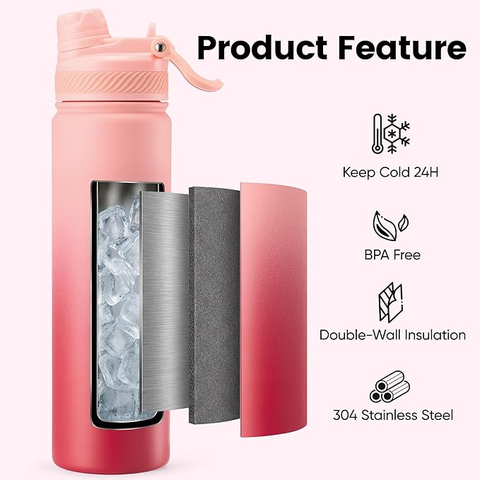Fijinhom 24 oz Insulated Water Bottle, 2-in-1 Straw and Spout Lid Stainless Steel Thermos, Leak-Proof, Double Wall Vacuum Flask, Keep Cold 24H for Outdoor, Sports, Travel, School (Red Gradient)