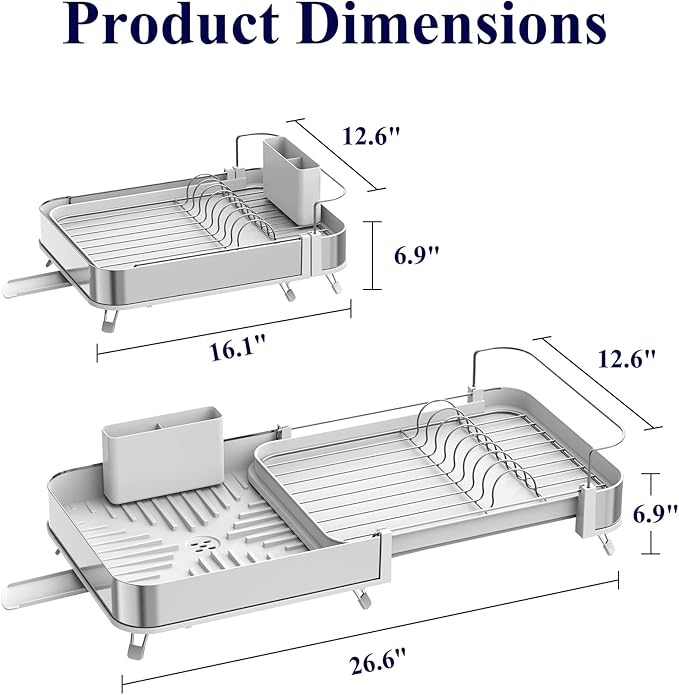 Kitsure Dish Drying Rack - Expandable Stainless Steel Dish Racks for Kitchen Counter, Auto-Drain Drying Rack for Kitchen with Cutlery Holder & Non-Slip Feet, 16.1-26.6" L x 12.6" W, White