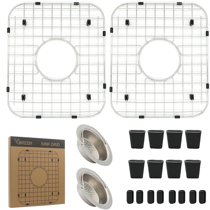 2 Pack 11-3/4"x13-7/8 Sink Grid - 304 Stainless Steel Heavy Duty Kitchen Sink Protector Rack with Center Drain & Built-in Strainer, Scratch Resistant Bottom