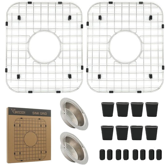 2 Pack 11-3/4"x13-7/8 Sink Grid - 304 Stainless Steel Heavy Duty Kitchen Sink Protector Rack with Center Drain & Built-in Strainer, Scratch Resistant Bottom