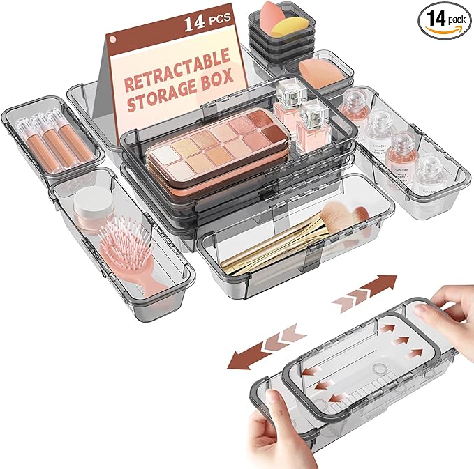14 Pcs Clear Drawer Organizer, Adjustable Drawer Storage Box, 3-Size Desk Drawer Organizer, Acrylic Storage Bins for Makeup, Kitchen Utensils, Bedroom Dressers Tool Organizer for Gadgets, Black