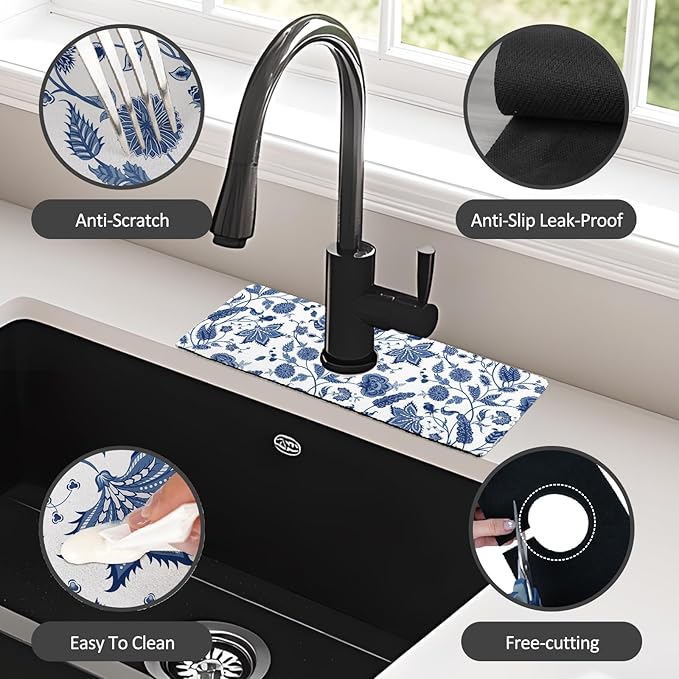 15" X 5.5" Kitchen Sink Splash Guard Faucet Mat Floral Super Absorbent Fast Drying Faucet Guard & Draining Mat Sink Splash Guard Behind Faucet for Kitchen, Bathroom