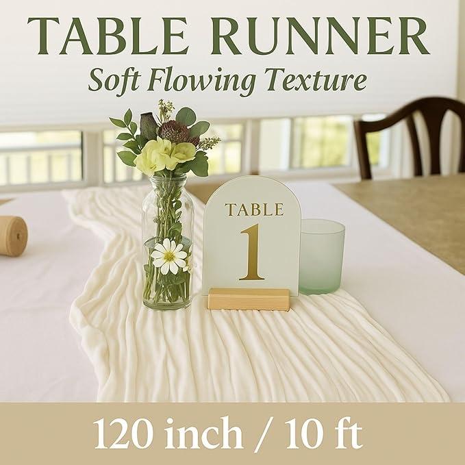 6 Pack Ivory 10FT Cheesecloth Table Runner –120 Inch White Gauze Table Runners for Wedding, Bridal Shower, Elegant Rustic Boho Reception Décor