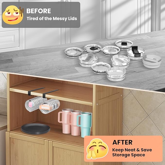 2 Pack Large Tumbler Lid Organizer, Under Cabinet Cup Lid Holder for Yeti Insulated Mug/Stanley Insulated Mug/Simple Modern Insulated Mug Lid, No Gluing, No Drilling, Up to 10 Lids (Black)