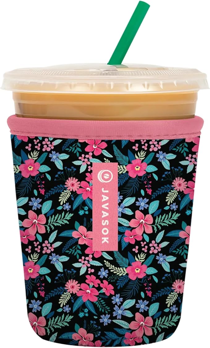 Sok It JavaSok Iced Coffee & Cold Soda Insulated Neoprene Cup Sleeve (Tropical Blooms, Small: 16-20oz)