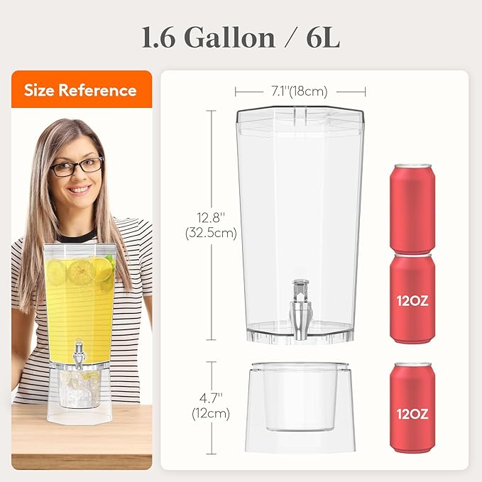 Lifewit 1.6 Gallon Drink Dispenser for Parties 2 Pcs, 6L Plastic Beverage Container with Stand for Juice/Tea/Soda & Lemonade, Clear Water Pitcher with Spigot for Mimosa Bar Hosting 39 x 16 cm/15x6"