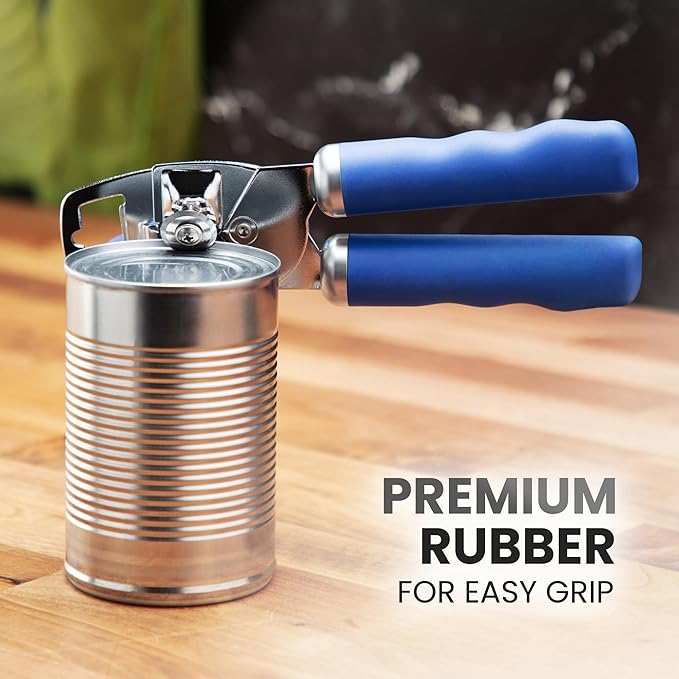 Zulay Kitchen Heavy Duty Stainless Steel Can Opener Manual with Bottle Opener - Rust Proof Manual Can Opener With Turn Knob & Comfy Soft Grip Handles - Royal Blue