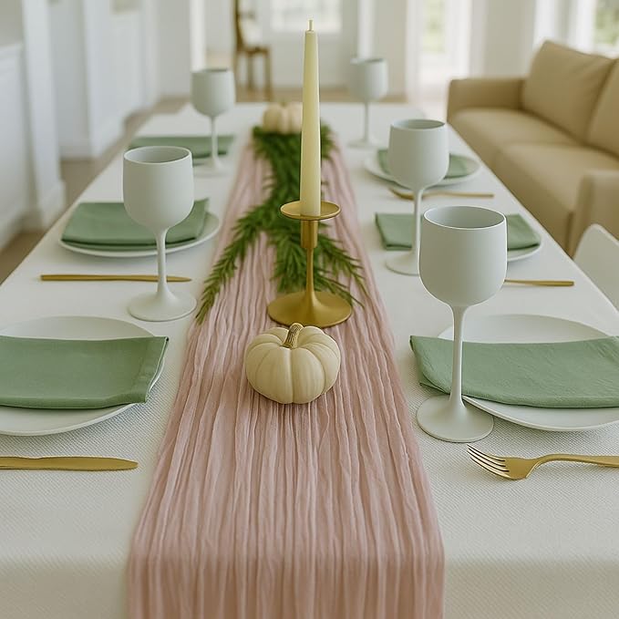 10FT Dusty Pink Cheesecloth Table Runner – 120 Inch Blush Gauze Table Decor for Baby Girl Shower, Bridal Brunch, Mother’s Day, or Romantic Vintage Party Setup