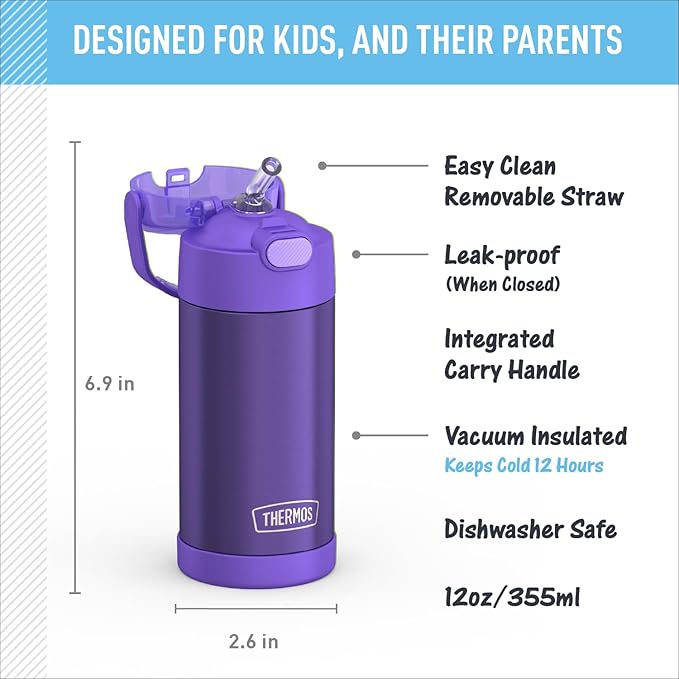 THERMOS FUNTAINER Water Bottle with Straw - 12 Ounce - Kids Stainless Steel Vacuum Insulated Water Bottle with Lid, Violet