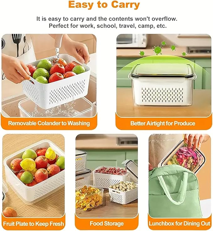 3Pcs 4 in 1 Fruit Containers for Fridge with Removable Colanders and Lids, Airtight Storage Container to Keep Fruits, Vegetables, Berry, Meat Fresh Longer, Dishwasher & Microwave Safe