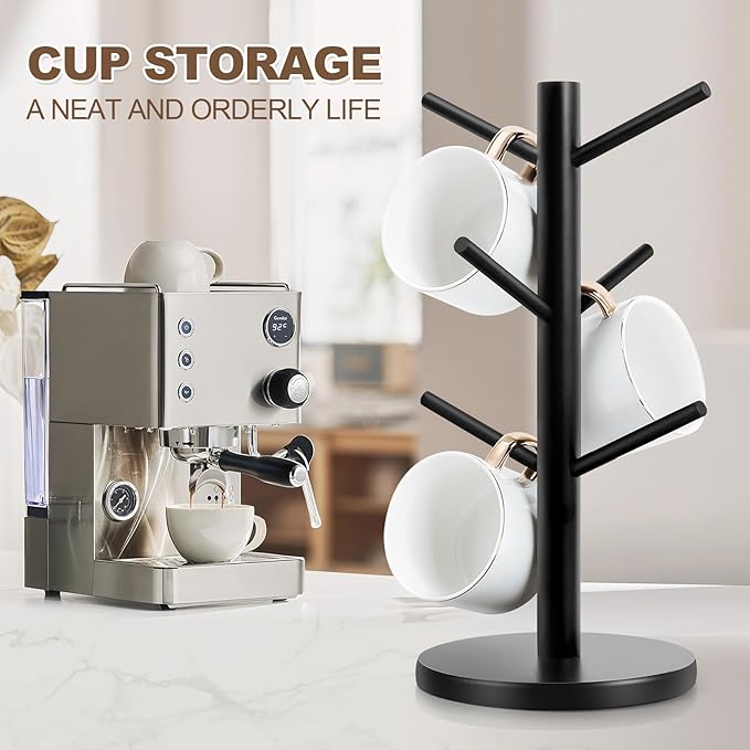 Fertoriy Mug Holder Tree, Thicker Base Coffee Cup Holder for Countertop, Sturdy Wood Coffee Mug Hanger with 6 Hooks, Non-Slip Cup Rack for Home Storage and Organizer
