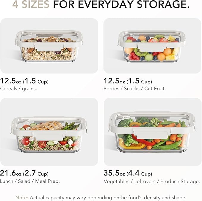 GENICOOOK Glass Fruit Storage Containers for Fridge with Glass Lids, 4 Pack Borosilicate Produce & Meal Prep Containers, Airtight BPA Free Fridge Organizer Containers