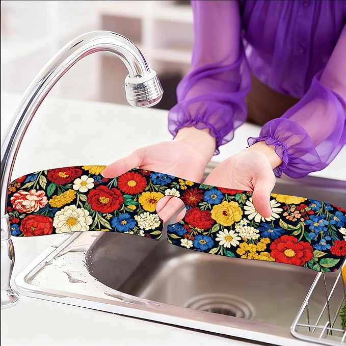 2 Pcs Kitchen Sink Splash Guard Faucet Mats Vintage Colored Flowers Pattern Faucet Mat for Sinks Absorbing Drying Mat for Kitchen Bathroom, 23.6x5.5inch