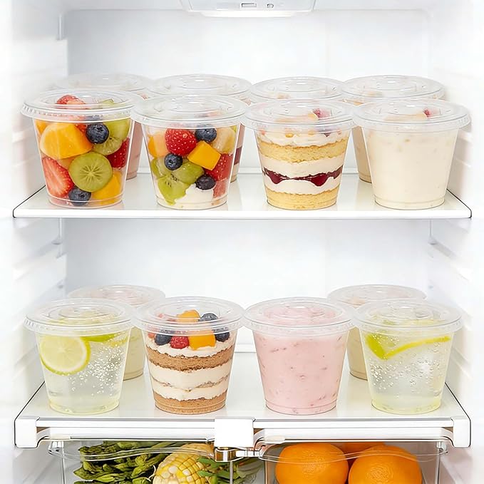 Clawsoff 200 Pack 9 oz Plastic Cups with Flat Lids, Clear Parfait Cups No Hole, Disposable Dessert Cup, Putting Cup for Cold Drink, Ice Cream, Fruit, Salad