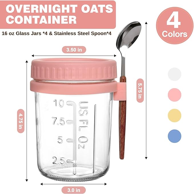 Artcochan 4 Pack Overnight Oats Containers with Lids and Spoons,16 oz Airtight Glass Mason Jars,Leak Proof Overnight Oats Jars for Yogurt, Salad, Chia Pudding
