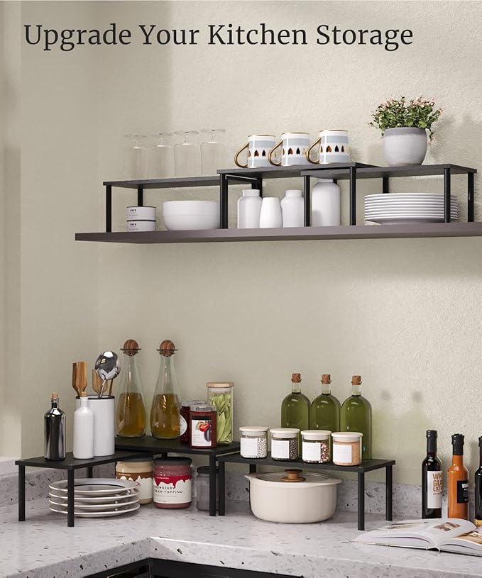 Cabinet Organizer Shelf(Set of 3),Bamboo Kitchen Counter Shelves for Countertop and Cabinet,Stackable Shelf Spice Racks,Large(Black)