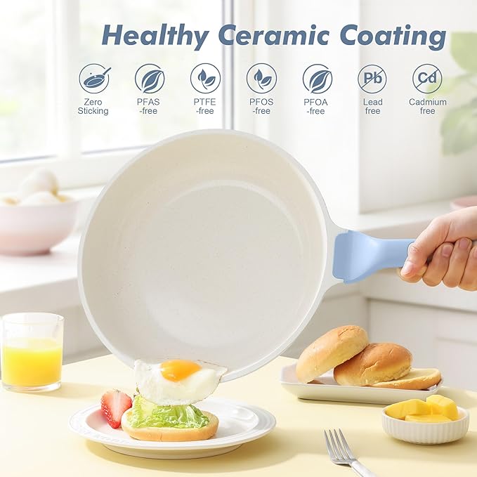 SENSARTE Nonstick Ceramic Frying Pan with Lid 12.5 Inch Cooking Pan Skillet, Free of Intentionally Added PFAS/PTFE Non-toxic Chef's Pan Induction Compatible Pan, Heat Resistant Handle, Glacier Blue