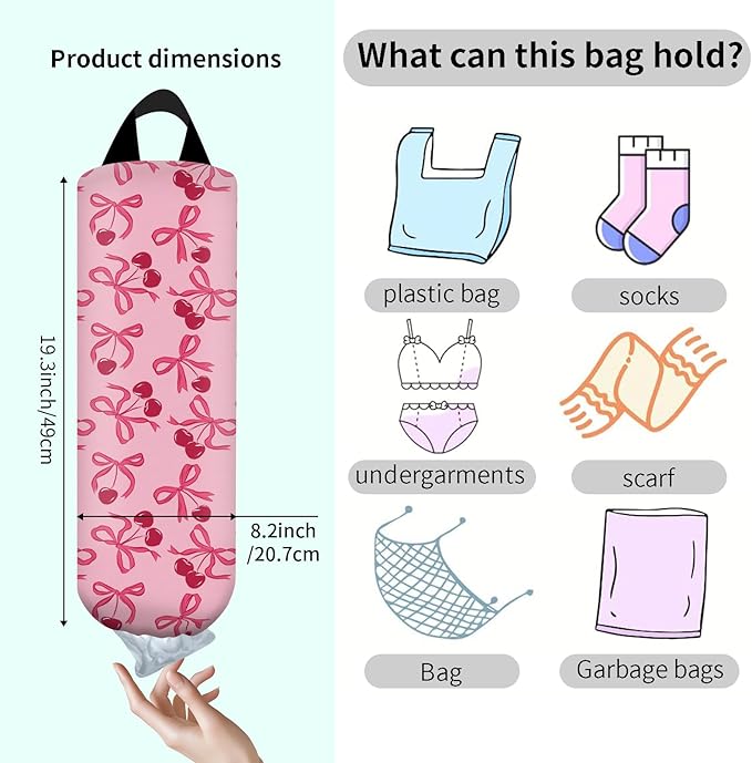 Plastic Bag Holder, Wall Mount Grocery Bag Organizer, Funny Hanging Trash Bag Storage Dispenser for Home Kitchen Cute Pink Bowknot