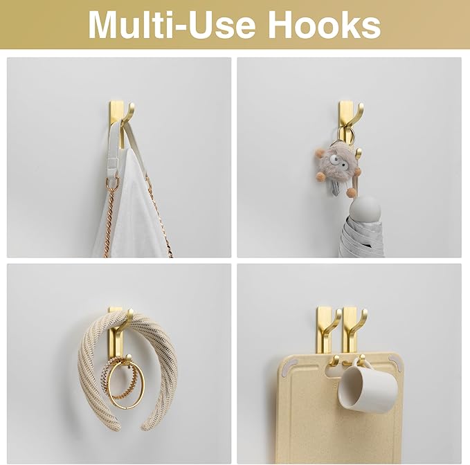 pickpiff Adhesive Wall Coat Hooks - Heavy Duty Stick-On Door Hanger, Metal Hook for Hanging Towel,Purse, Robe, Backpack, Jacket, Clothes - for Bathroom,Dorm, Closet, Kitchen - Gold, 6 Pack