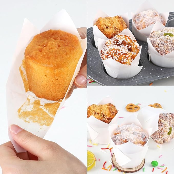 Caperci White Parchment Paper Tulip Cupcake Muffin Liners - European Non-stick Paper Baking Cups Cupacke Wrappers for Party, Wedding, Christmas, Birthday (150pcs)