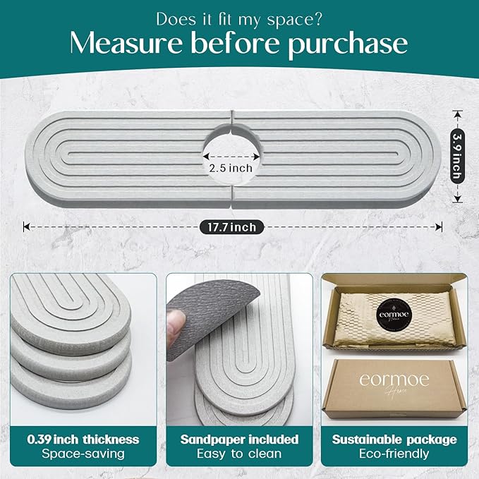 Diatomite Sink Splash Guard - DryingNeat Kitchen Faucet Mat, Instant Dry Water Absorbing Stone Tray for Sink, Durable Protector for Kitchen Bathroom Counter [Light Grey, 17.7" x 3.9"]