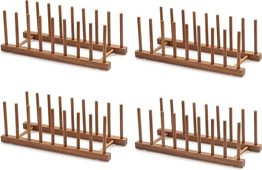 HBlife 4pcs Acacia Wooden Dish Dying Rack Pot Lid Plate Organizer Holder for Cabinet, Cutting Board Stand Drainer Storage Plate Rack for Dish, Pot Lid, Bowl, Cup, Cutting Board and Books
