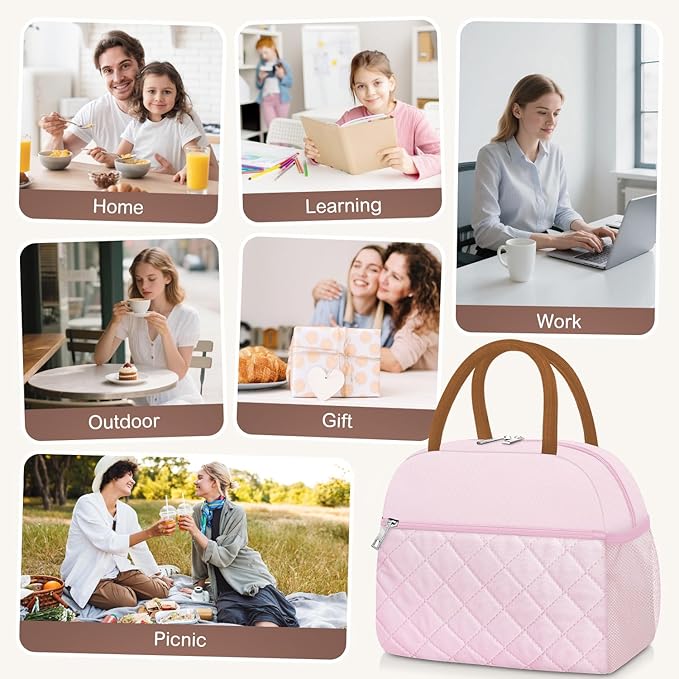 KUBYA Lunch Box for Women Adult Men Insulated Cute Quilted Lunch Bag Women Reusable Large Lunch Tote Bag Leakproof Simple Cooler Bag for Work Office Picnic Beach or Travel