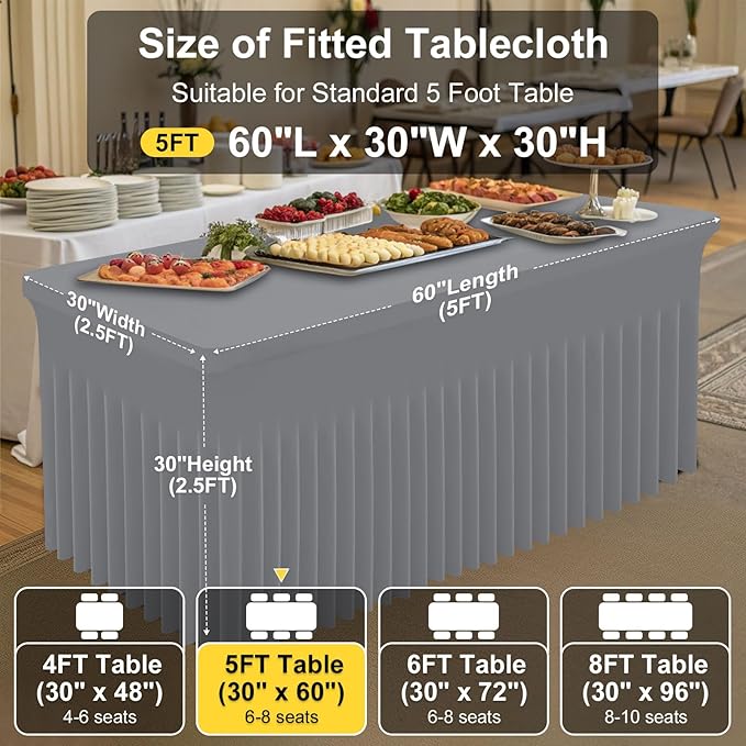 Smiry Spandex Tablecloth, Elastic Fitted Stretch Tablecloth for 5FT Rectangle Tables, Waterproof Washable Table Cover Skirt for Outdoor, Wedding, Banquet & Parties (Grey, 60Lx30Wx30H Inch)