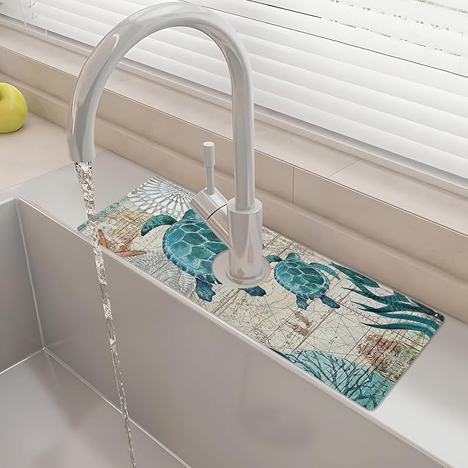 15" X 5.5" Kitchen Sink Splash Guard Faucet Mat Sea Turtles Super Absorbent Fast Drying Faucet Guard & Draining Mat Sink Splash Guard Behind Faucet for Kitchen, Bathroom