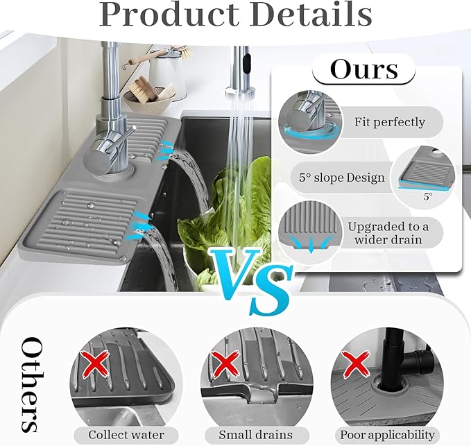 PoYang 17.7 Inch Faucet Mat for Kitchen Sink Splash Guard Behind Faucet, Sink Protectors for Kitchen Sink Faucet Mat Splash Guard for Kitchen Sink Area, Long Silicone Faucet Guard & Draining Mat, Grey