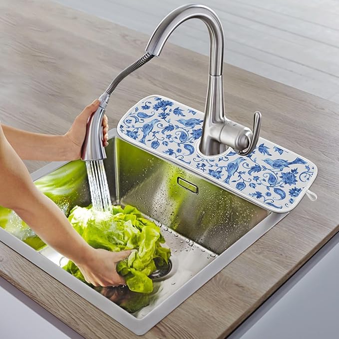 Sink Mat for Faucet Sink Splash Guard Faucet Handle Drip Catcher for Kitchen Bathroom Absorbent Microfiber Dish Drying Mat Blue and White 2pcs